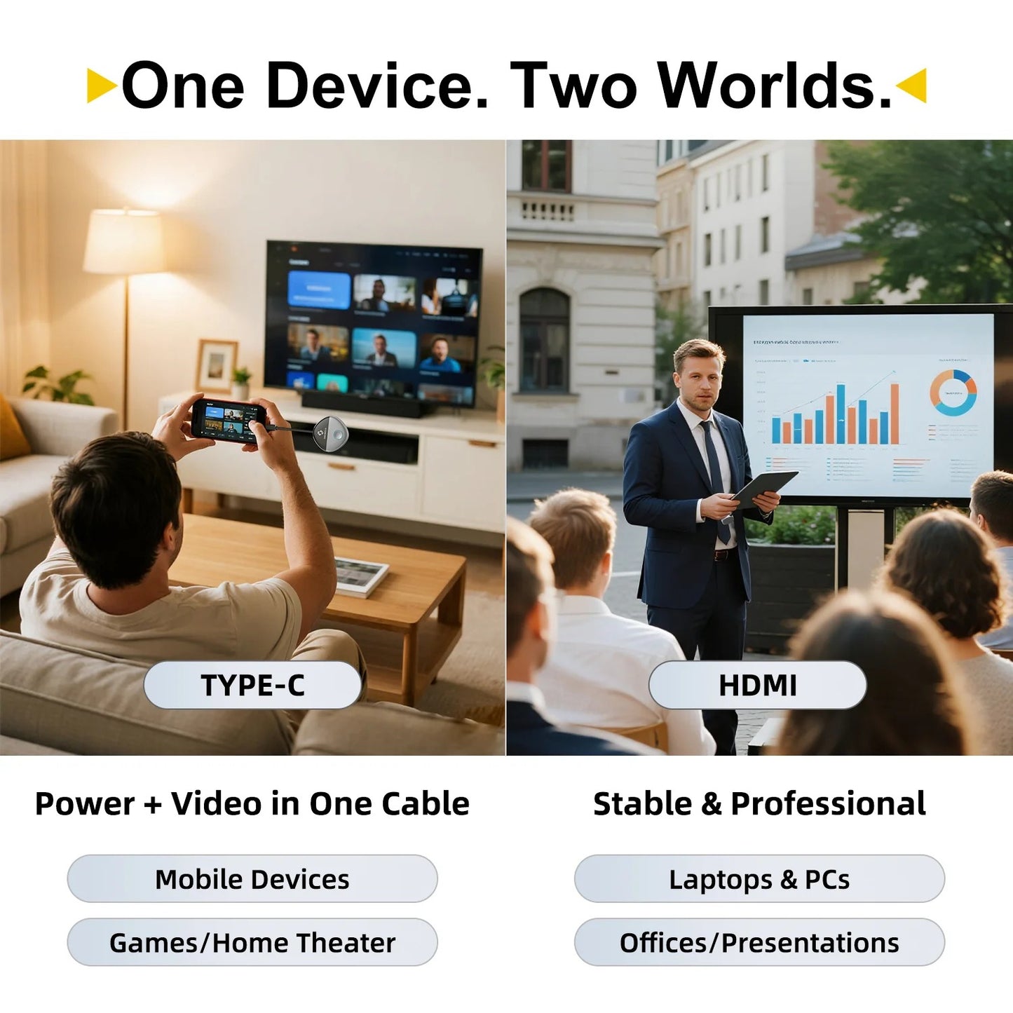 اتصال HDMI لاسلكي لمشاركة الشاشة | مدخل مزدوج USB-C و HDMI | بدون واي فاي أو تطبيق | تشغيل فوري